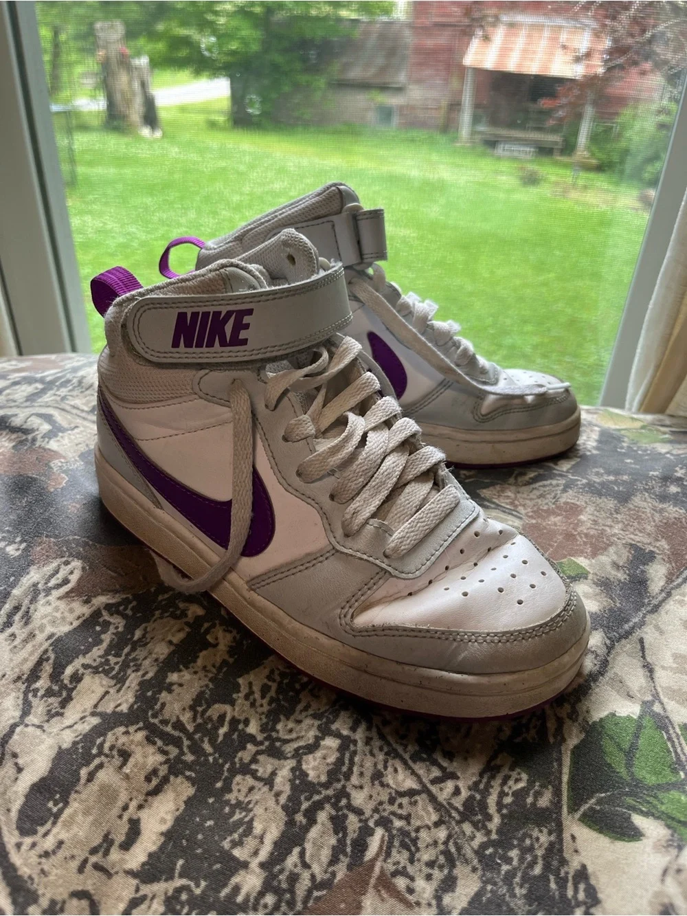 Nike White and Purple Mid-Top Sneakers with Velcro Strap